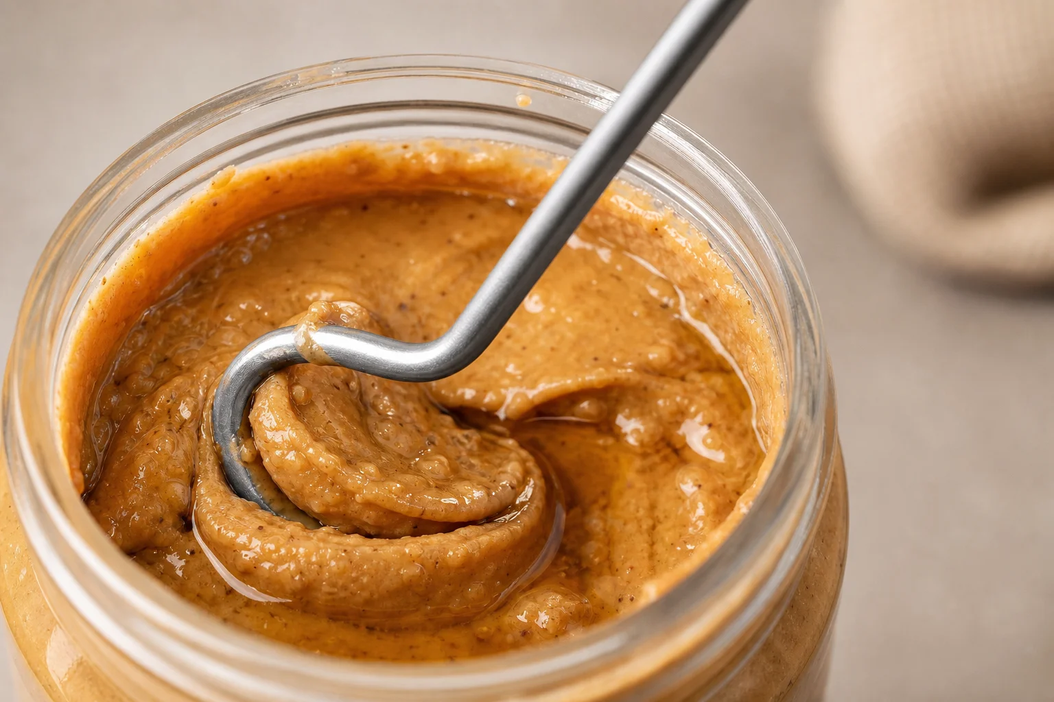Peanut butter stirrer mixing separated oil into creamy spread