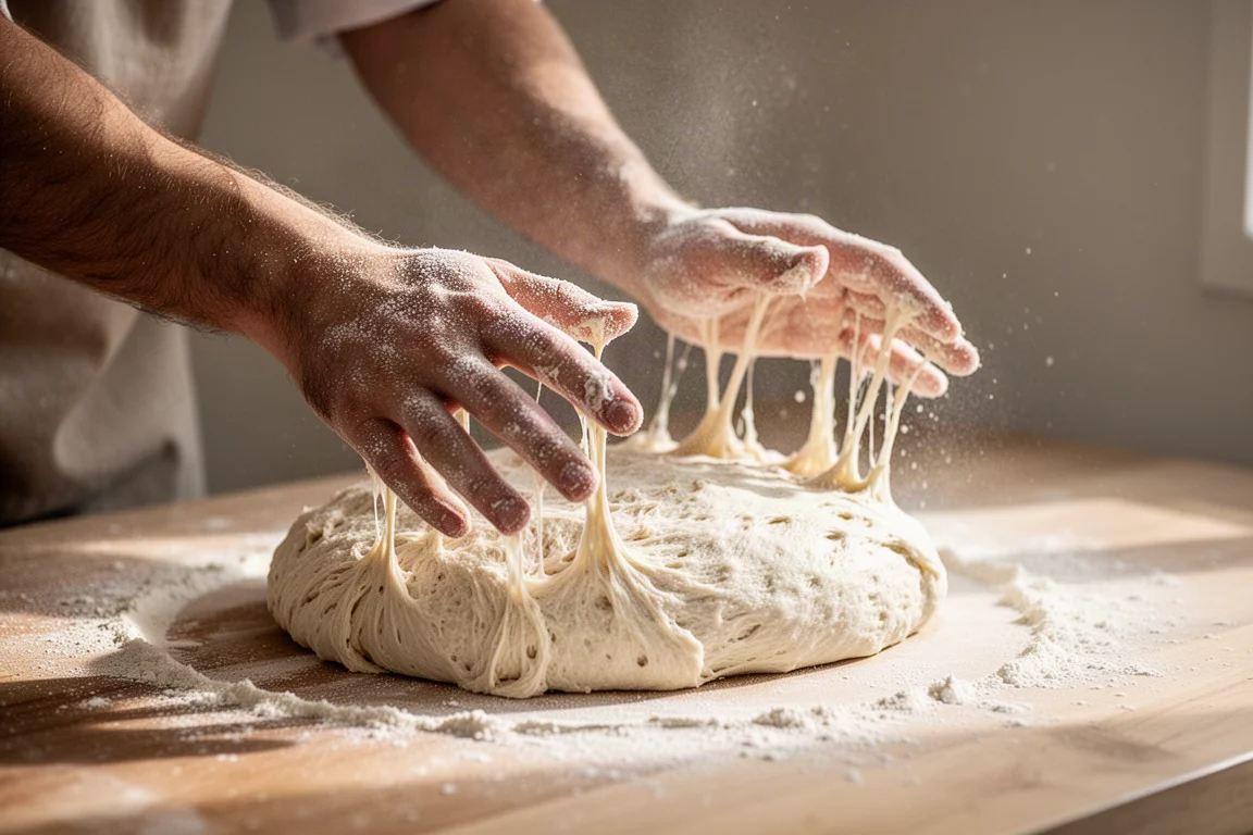 Panettiere che lavora un impasto molto umido e appiccicoso su un piano di lavoro in legno