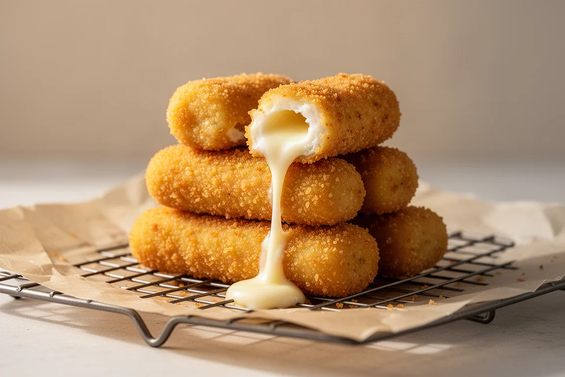 Mozzarelle impanate appena fritte con panatura dorata su una griglia di scolapasta