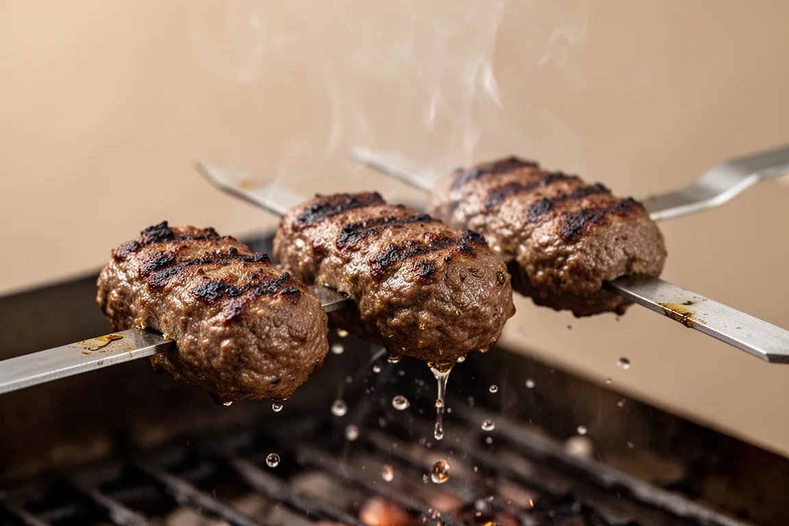 Kebab di agnello alla griglia che si rosolano sotto una brace calda con bordi croccanti