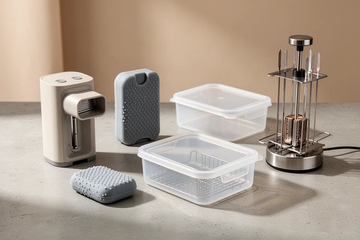 Four kitchen gadgets arranged on a concrete surface: peeling machine, silicone hand cleaner, breading tray, and kebab maker