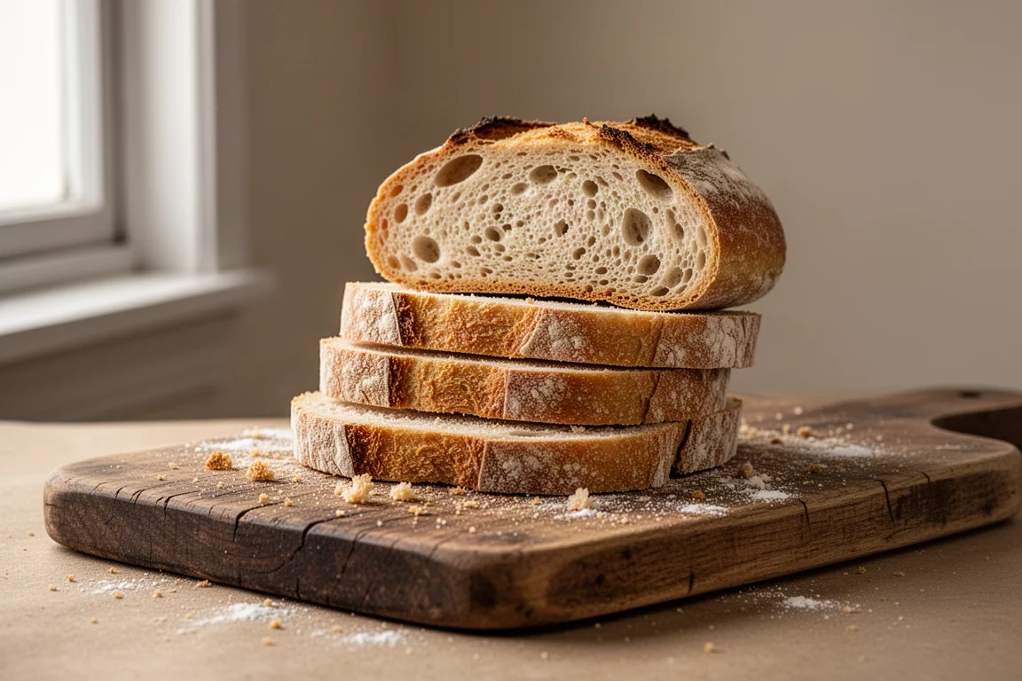 Dicke Scheiben Sauerteigbrot, gestapelt auf einem Holzbrett