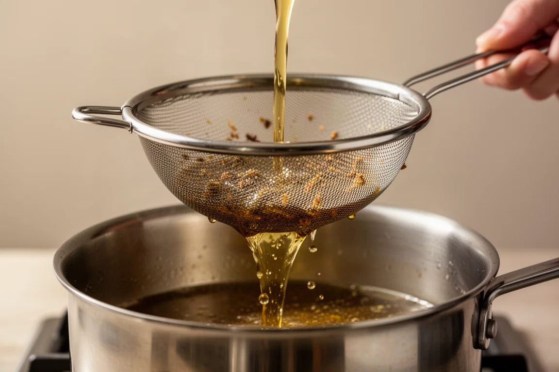 Goldenes Bratöl wird durch ein feines Metallnetz in einen Topf gefiltert