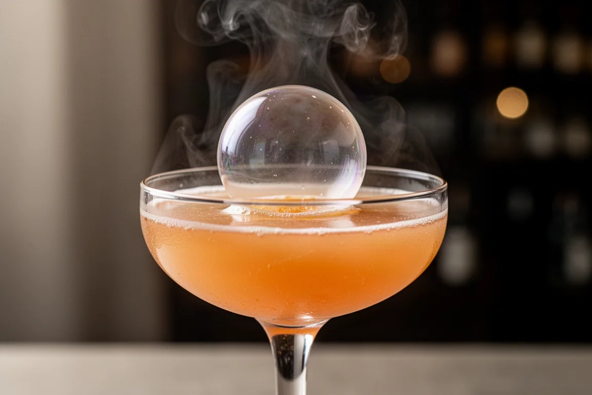 Eine durchscheinende Aromablase ruht auf der Oberfläche eines Cocktailglases