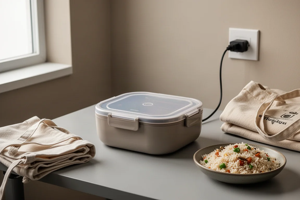 Heated lunch box plugged in on an office desk beside a tote bag
