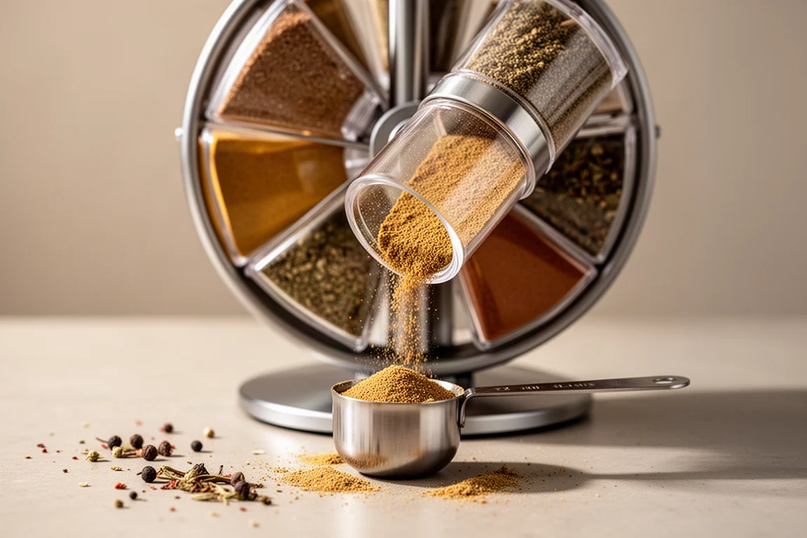 Spice carousel dispensing a small measure of ground spice onto a spoon