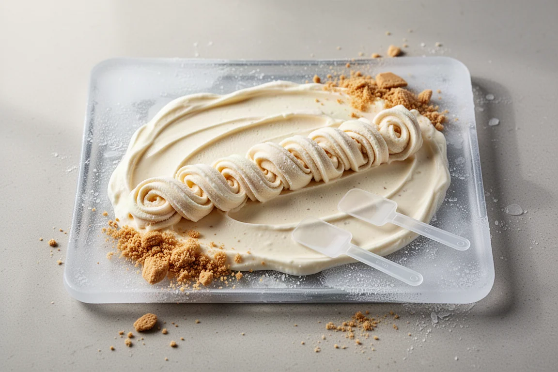 Ice cream rolls being formed on a frozen cold plate with spatulas