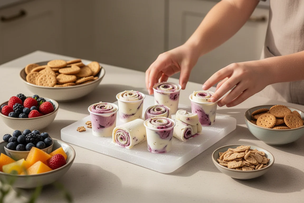 Family gathered around a kitchen counter sharing freshly made ice cream rolls
