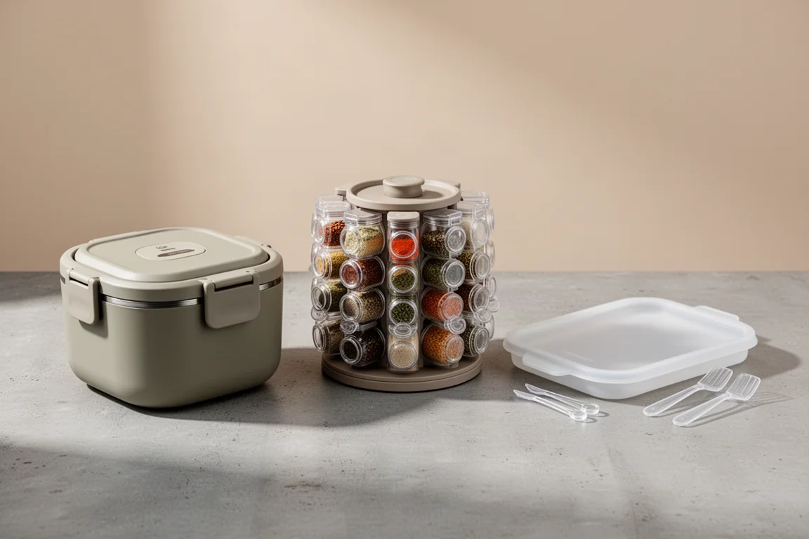Heated lunch box, spice carousel and cold plate arranged on a concrete surface