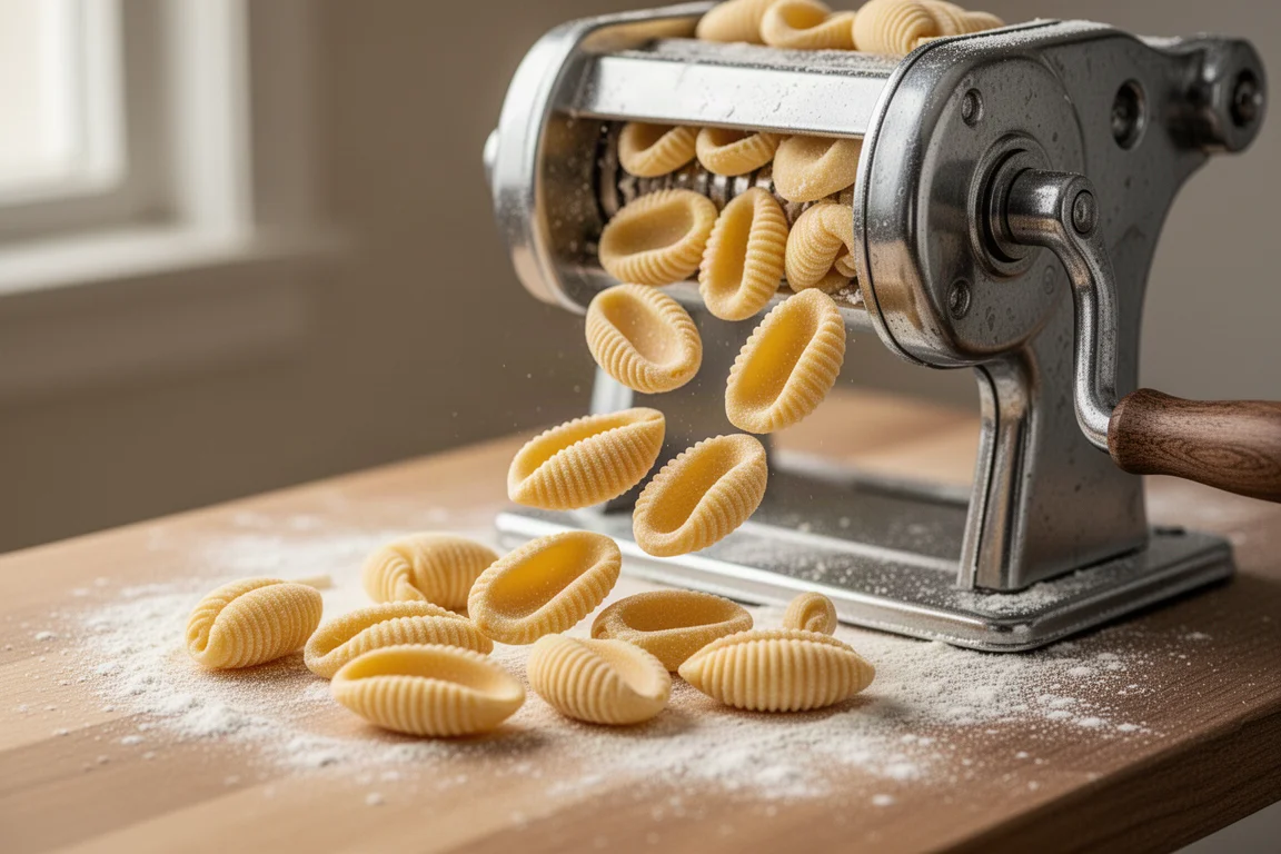 Pezzi di pasta fresca ai cavatelli che cadono da uno stampatore manuale su un piano di lavoro infarinato
