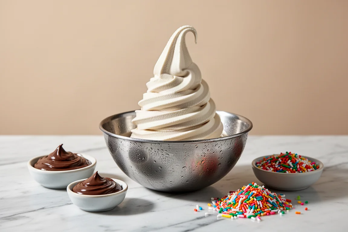 Gelato soft serve a spirale erogato in una ciotola con guarnizioni nelle vicinanze