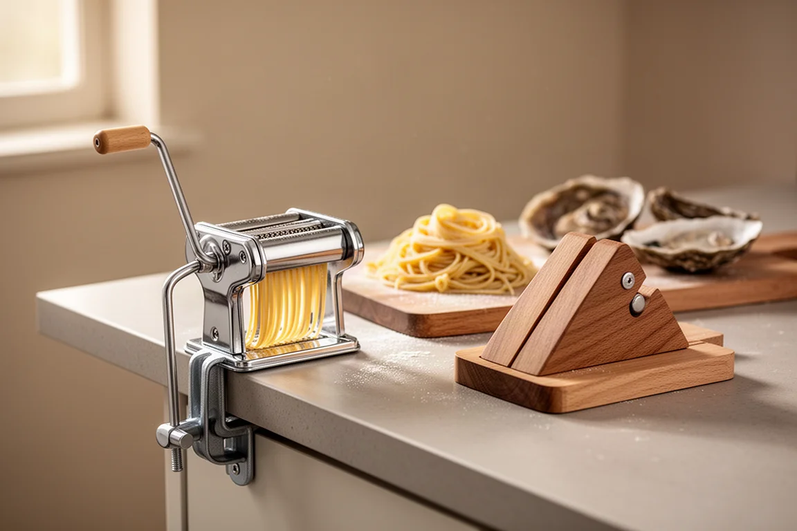 Un piano di lavoro ordinato con una macchina per la pasta e un morsetto per ostriche in legno affiancati
