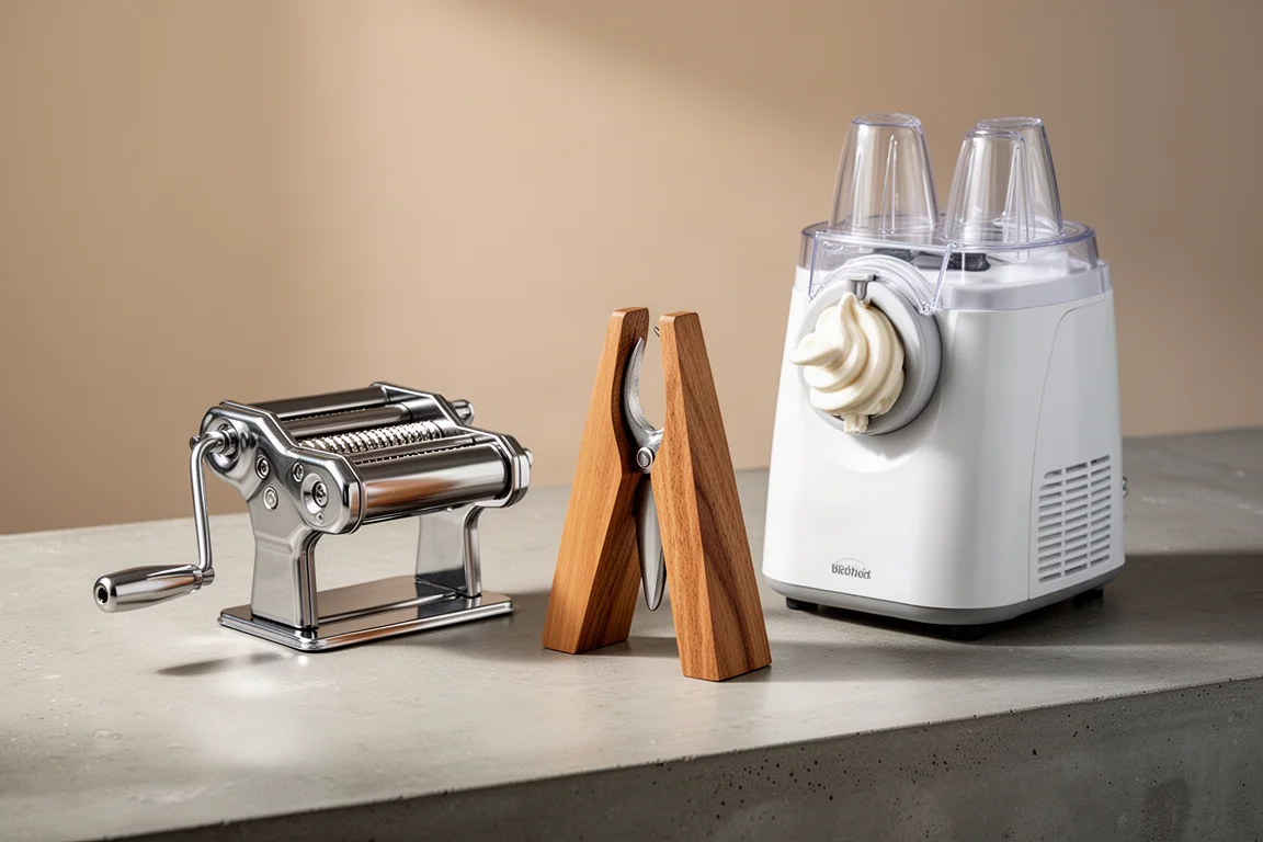 A pasta shaper, wooden oyster clamp and soft serve ice cream maker on a concrete worktop