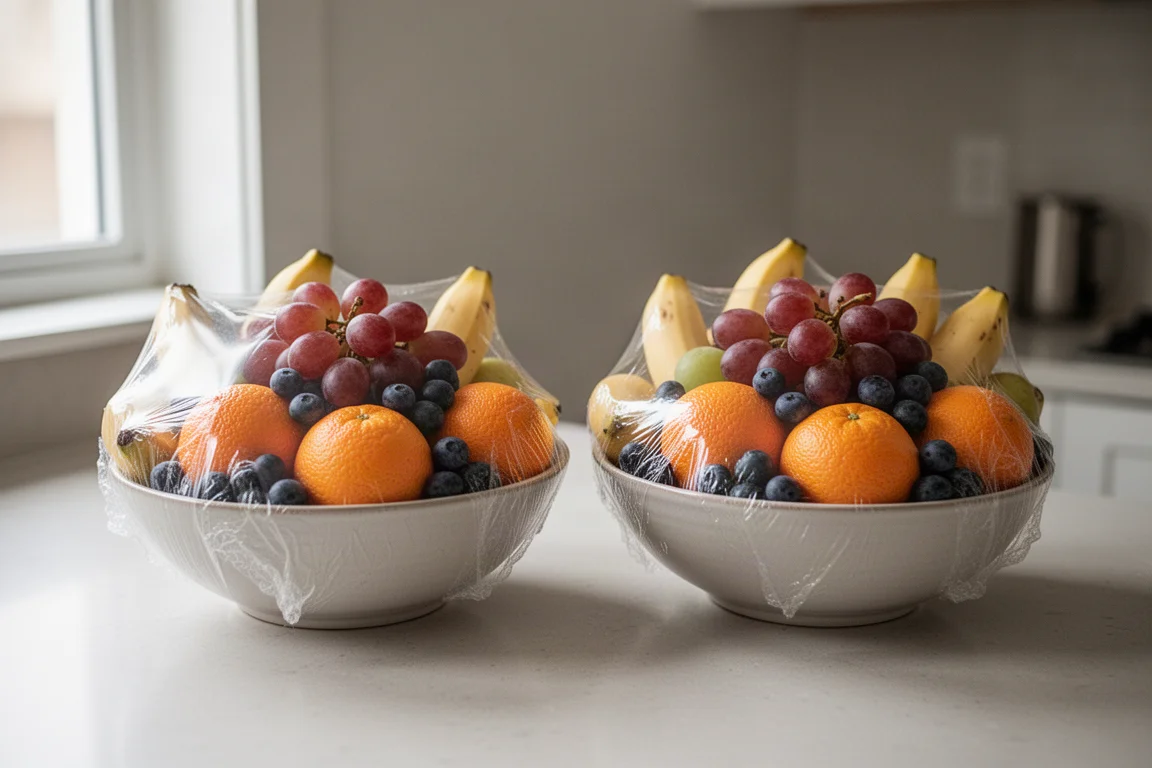 Schalen mit frischem Obst, in Folie eingewickelt, auf einer Küchenanrichte
