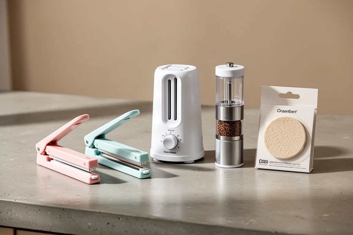 Four kitchen gadgets lined up on a concrete countertop in soft light