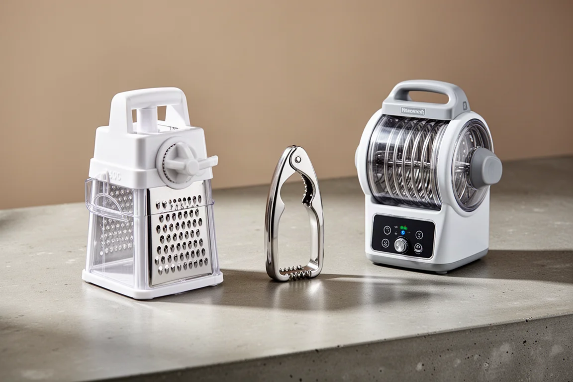 Rotary grater, egg opener and marinating tumbler arranged on a concrete worktop