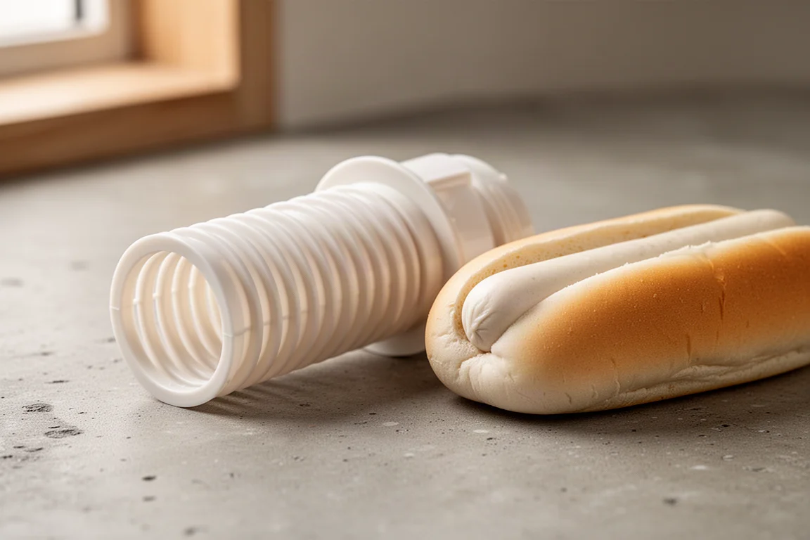Moulded plastic hot dog bun drilling tool resting beside a hot dog bun on a counter