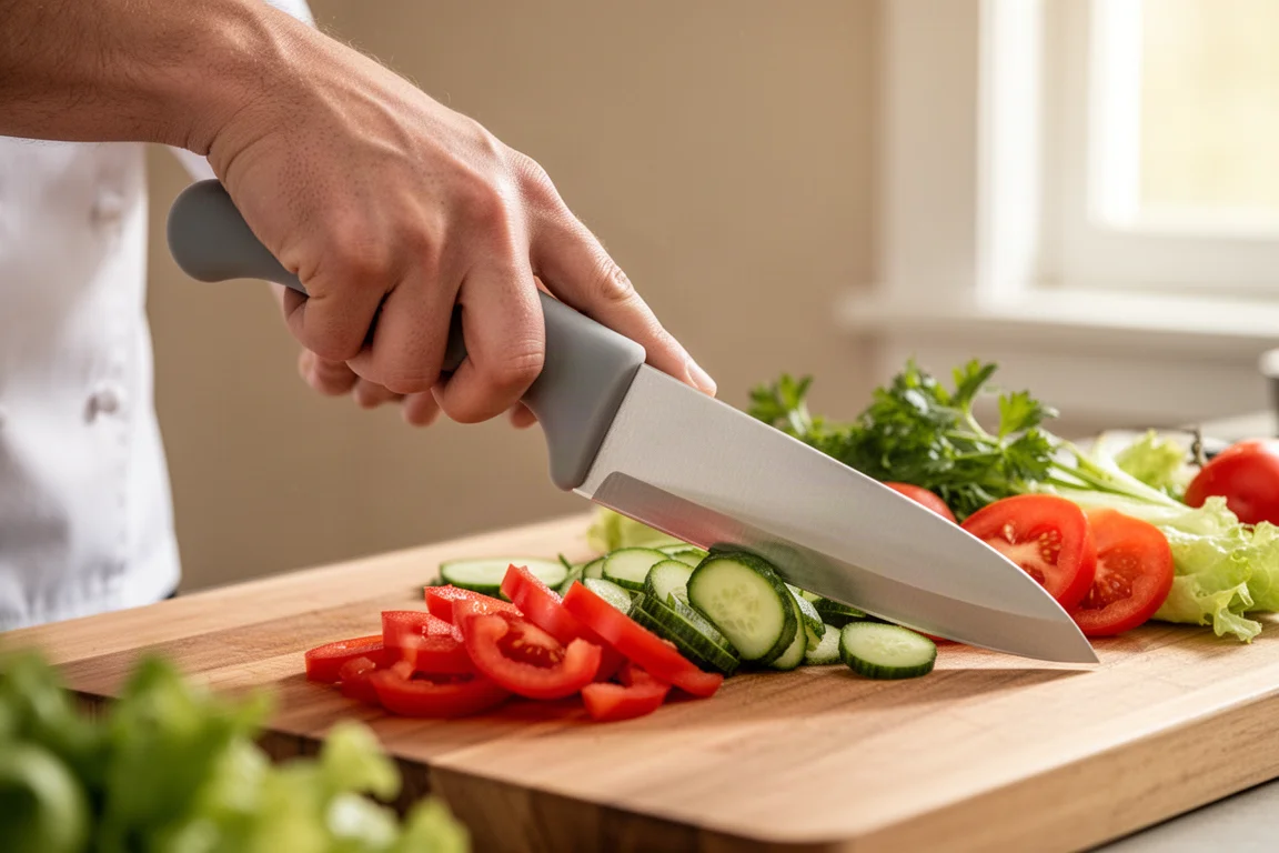 Hand chopping vegetables with an ergonomic knife grip in a home kitchen