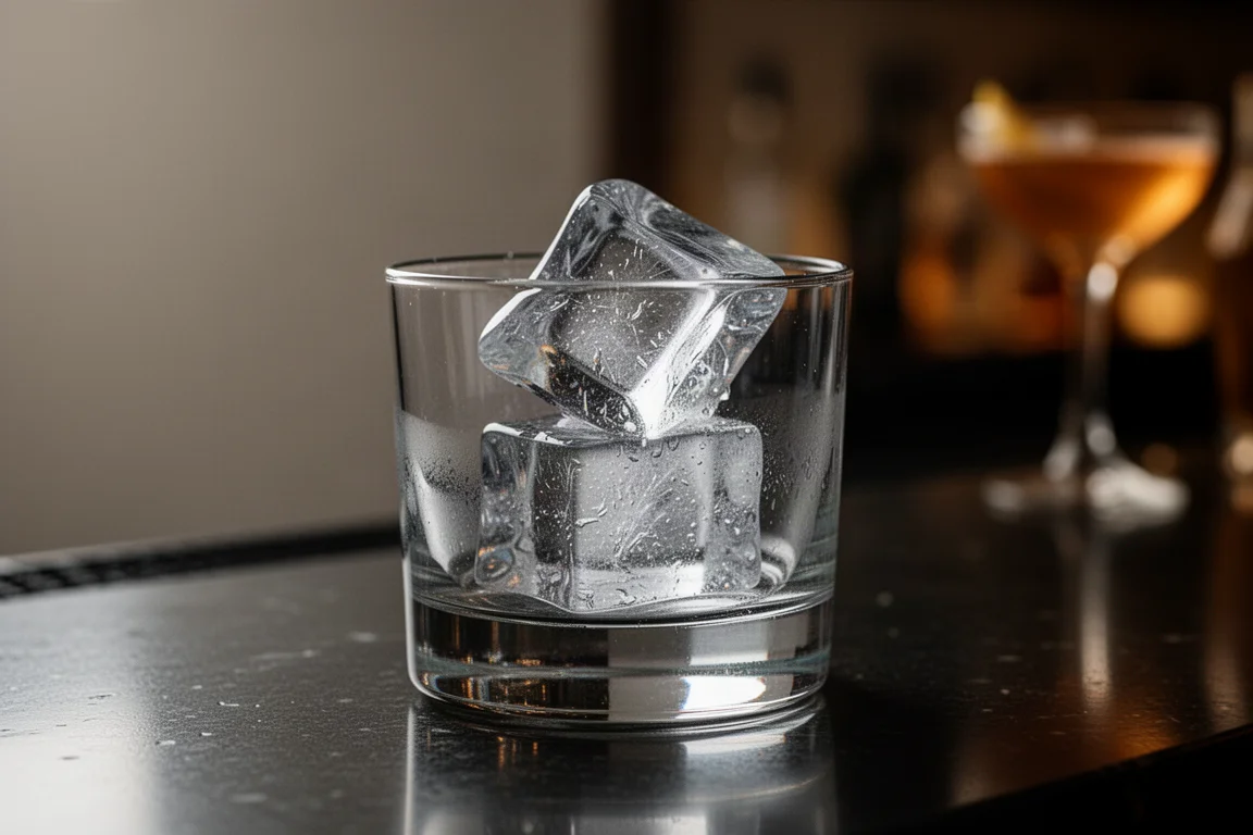 Crystal-clear large ice cube resting in a short glass on a bar counter