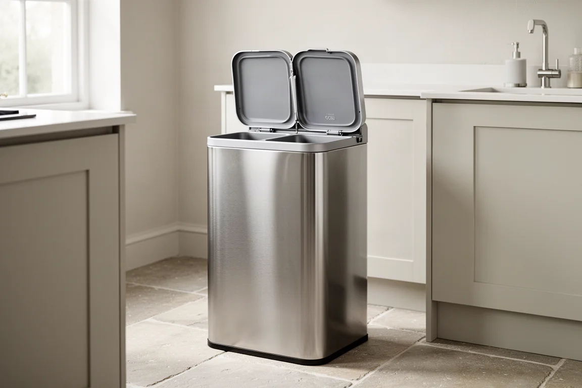 Stainless steel dual-compartment kitchen bin with open lid in a modern kitchen