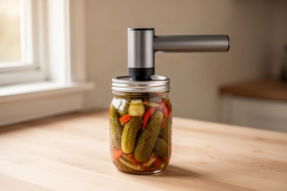 Selladora de vacío manual presionada sobre la tapa de un tarro de vidrio en una encimera de cocina