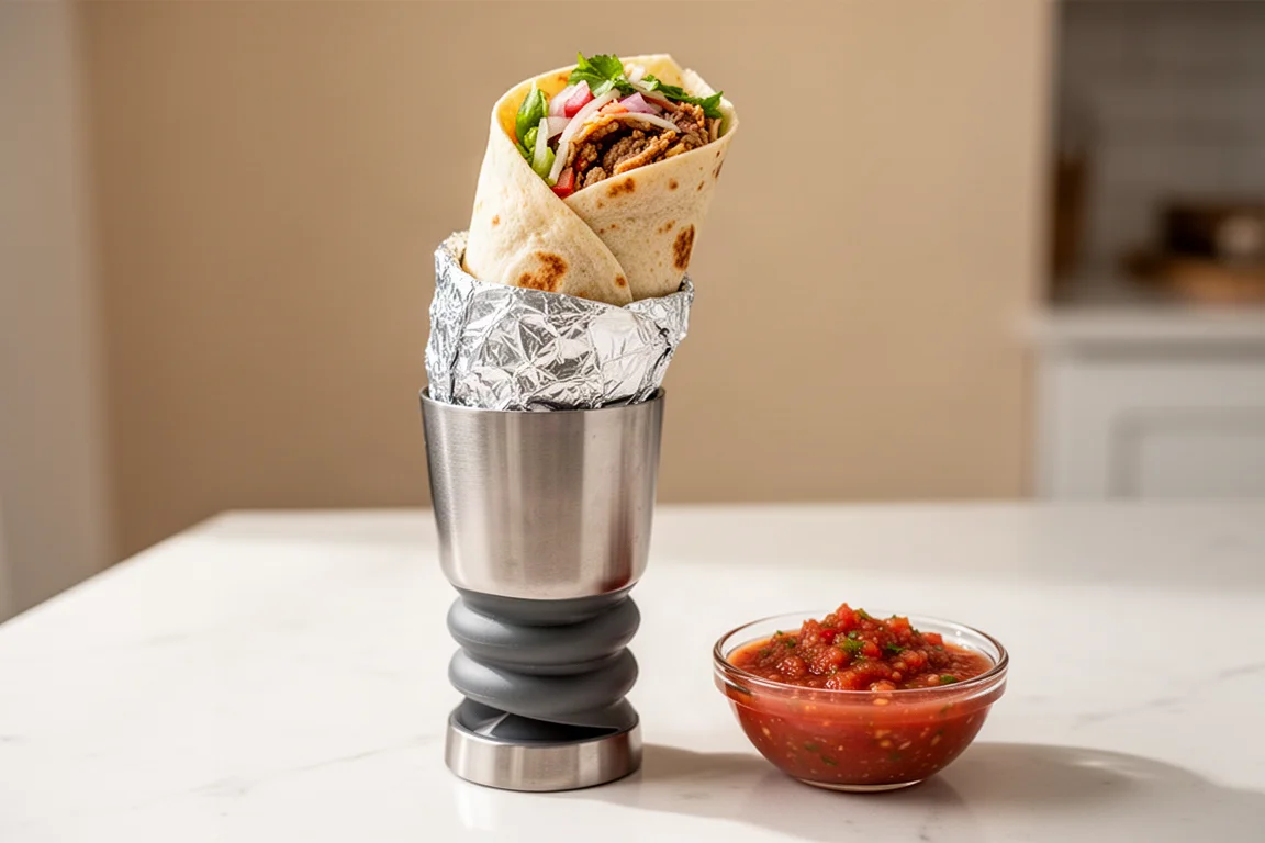 Burrito parcialmente levantado de un soporte manual alto junto a un cuenco de salsa