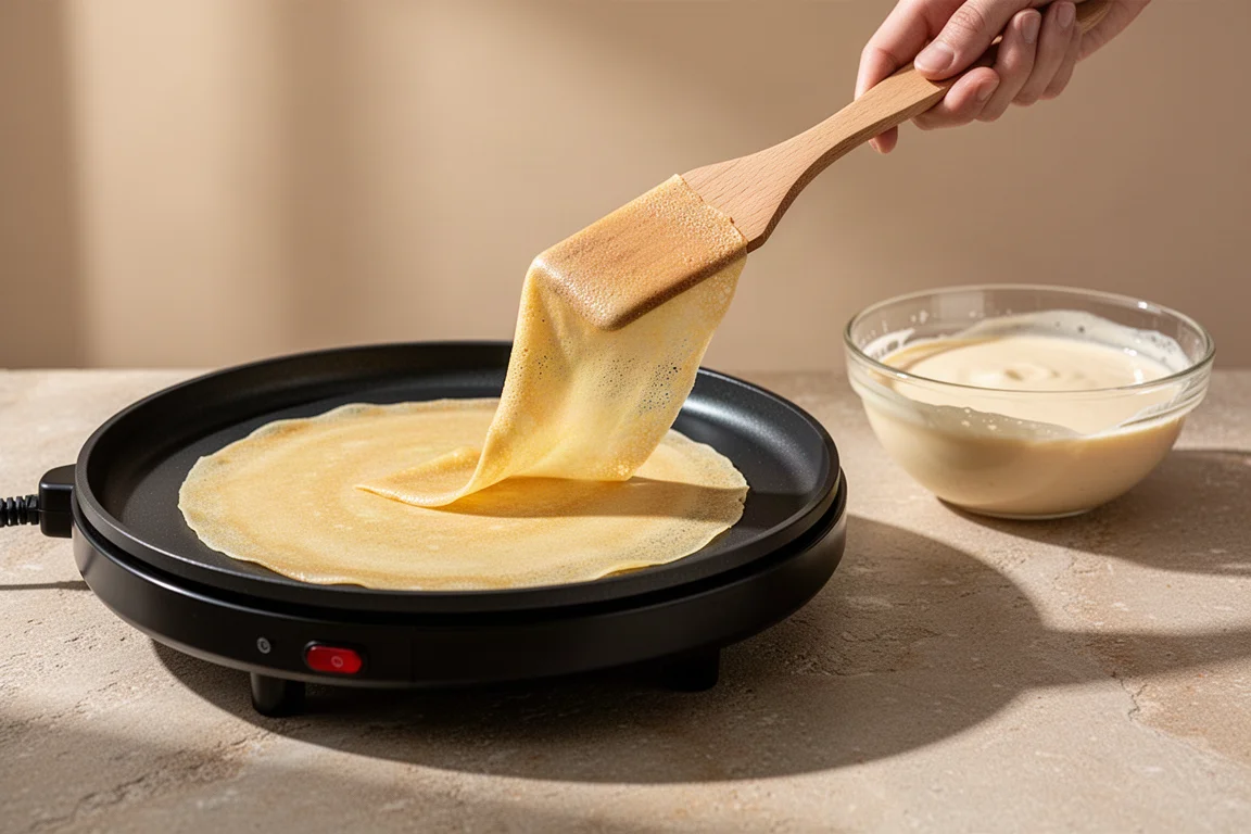 Crepe recién hecho y fino levantándose de una placa eléctrica redonda para crepes