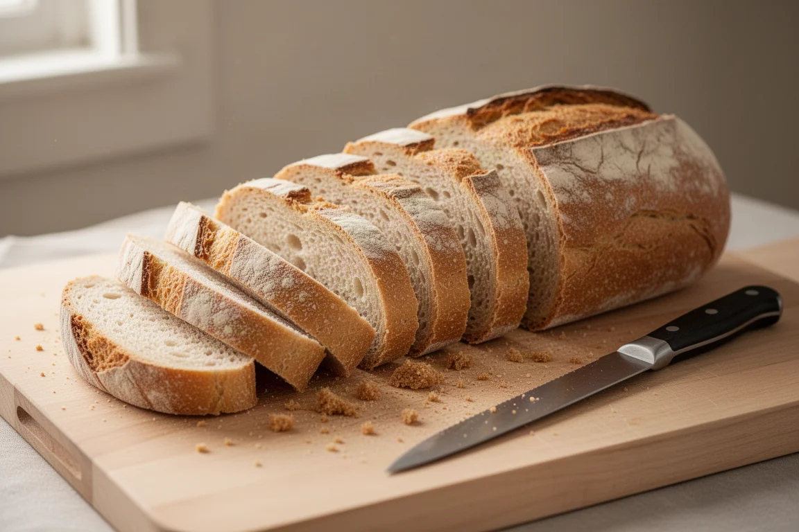 Gleichmäßig geschnittenes Brot in einer Reihe auf einem Schneidebrett