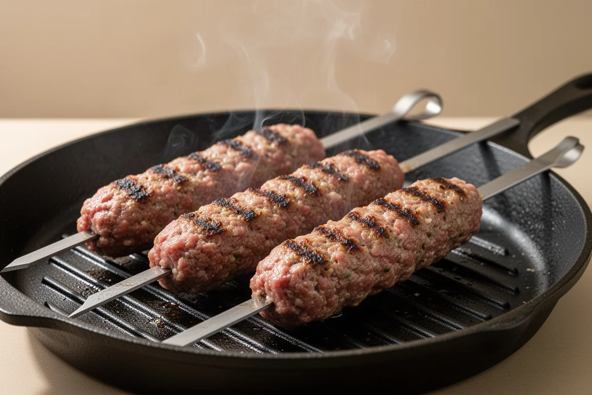 Frische Kebabs auf einer heißen Grillpfanne, leichter Rauch steigt auf