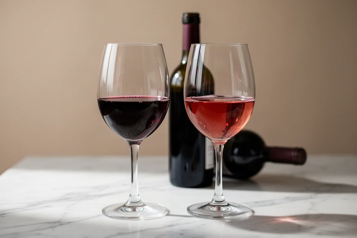 Zwei Gläser Rotwein nebeneinander mit erkennbarem Farbunterschied