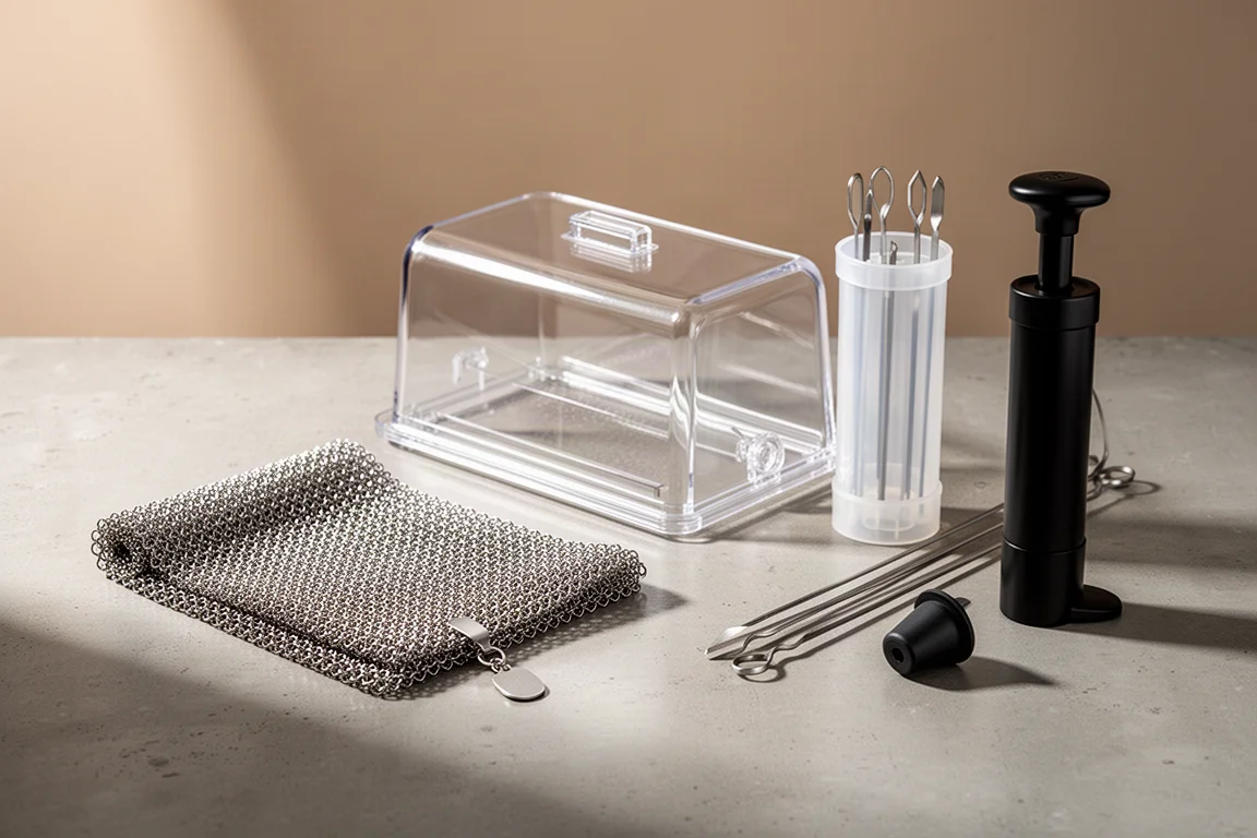 Chain mail roasting wrap, acrylic bread keeper, kebab maker and wine vacuum pump arranged on a concrete worktop