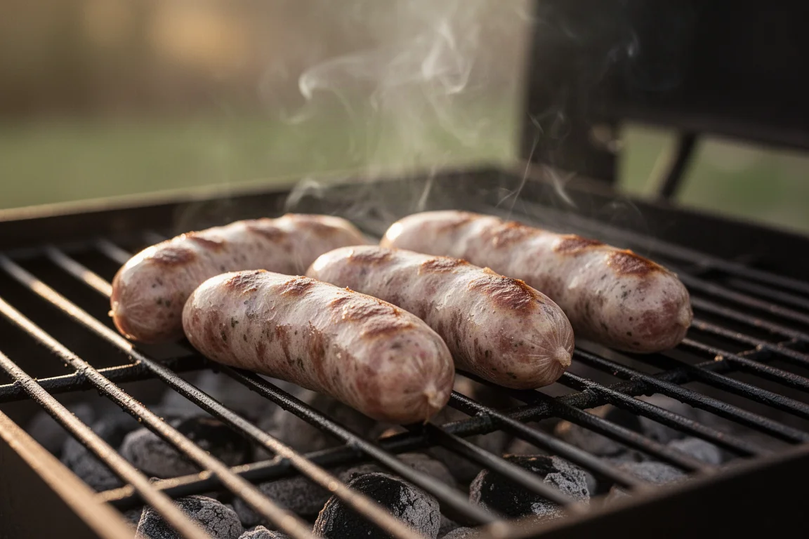 Salsicce che cuociono su una griglia calda con leggero fumo che sale