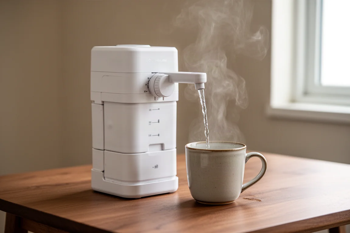 Acqua calda erogata da un piccolo dispenser pieghevole in una tazza bianca