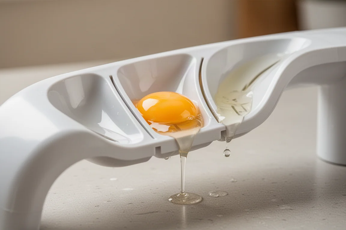 Tuorli d'uovo che scendono lungo i canali separati di un separatore in plastica