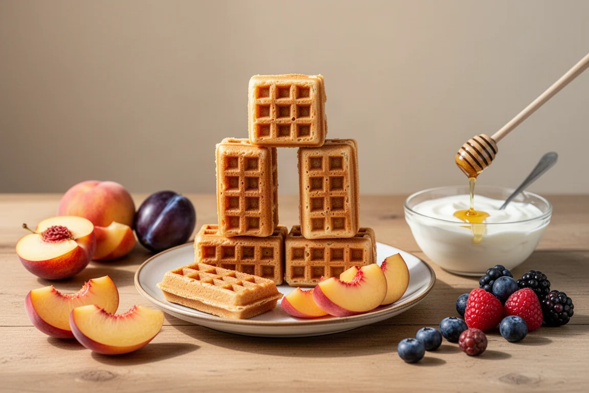 Waffle a forma di mattoncino impilati in una giocosa torre con frutta e yogurt