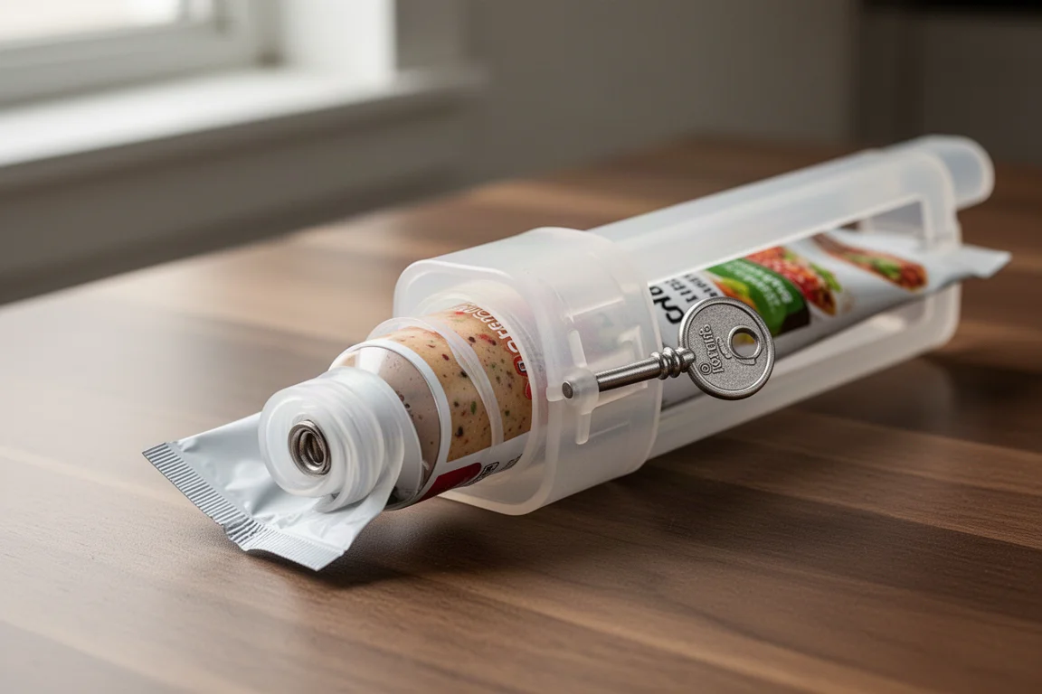 A hand squeezing the last of a paste from a tube using a rolling dispenser