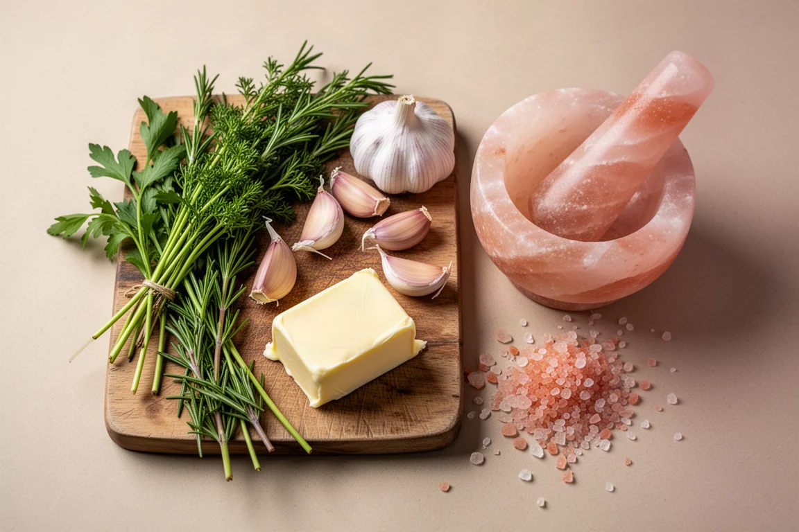 Fresh herbs and garlic being crushed in a pink salt mortar