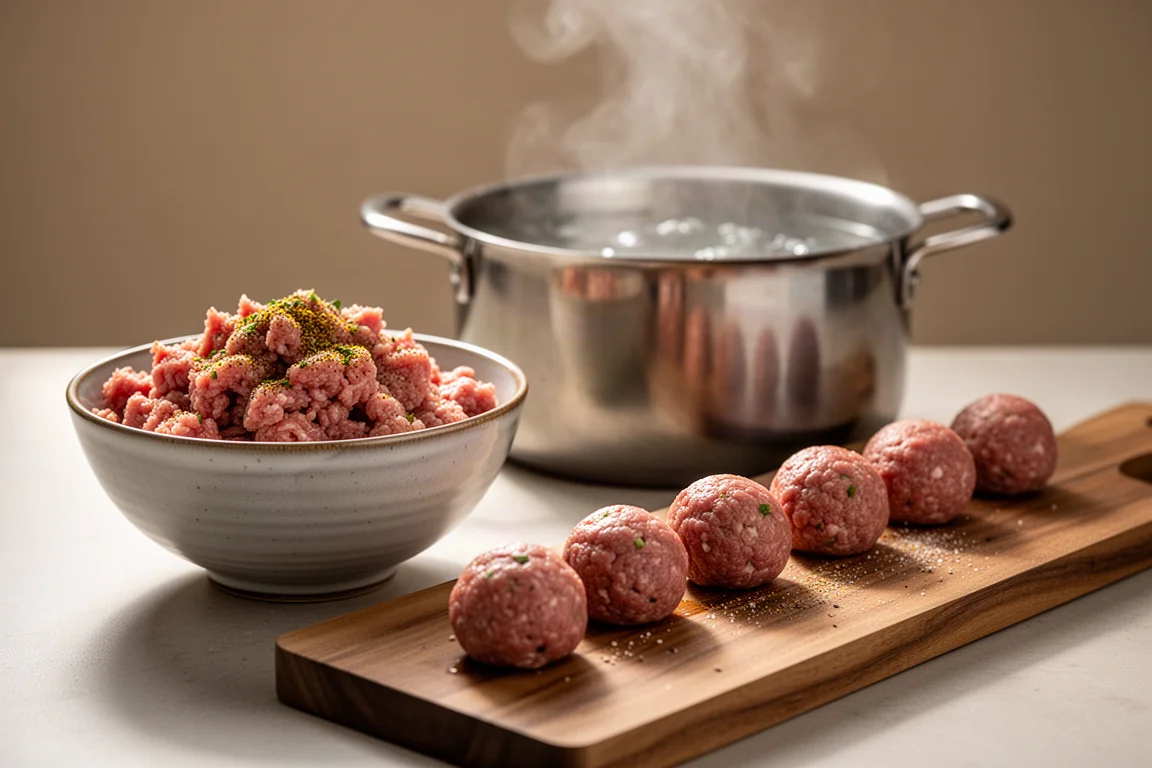 Minced meat mixture and shaped meatballs on a prep board