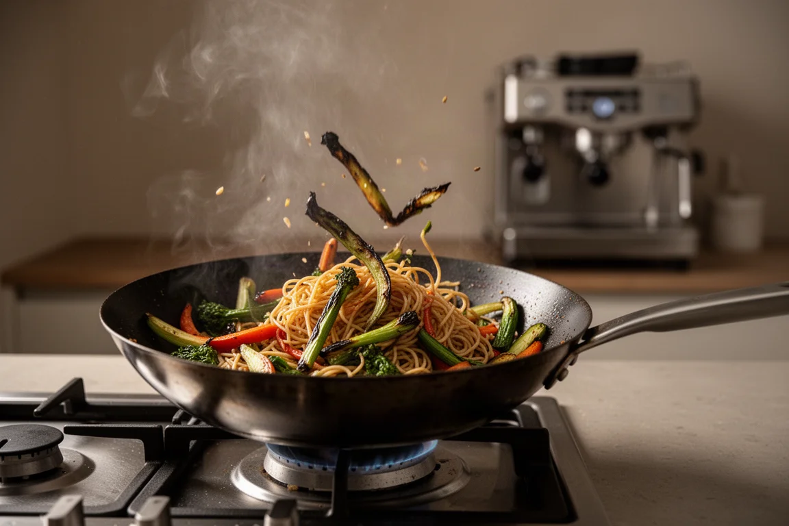 A home cook stir frying vegetables in a hot wok on the hob