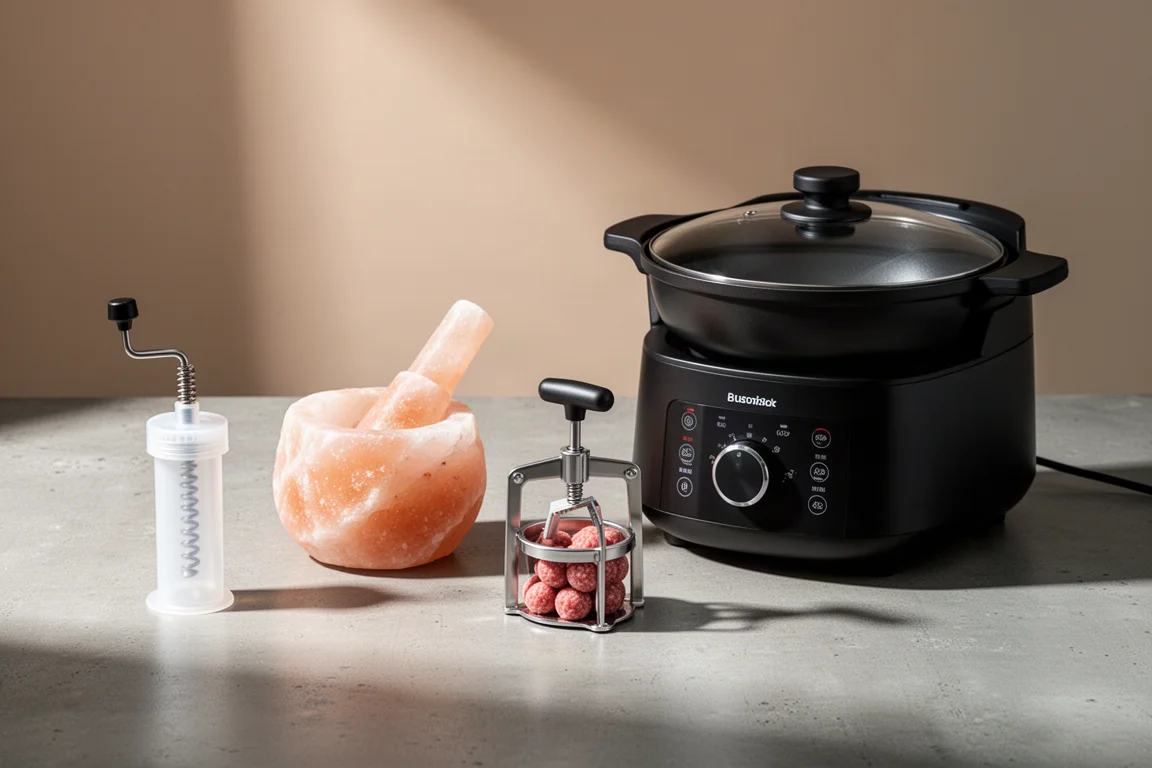 Four kitchen gadgets including a tube squeezer, salt mortar, meatball maker, and automatic cooking machine
