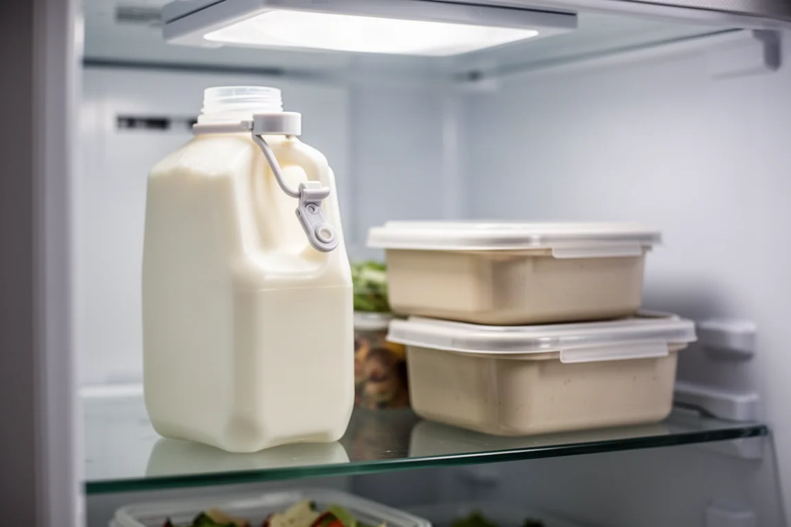 Milchtüte in einem Bürokühlschrank mit einem kleinen Schloss an der Öffnung