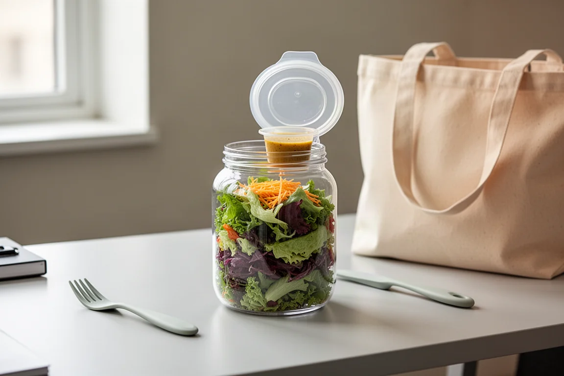 Geschichtete Salatdose offen auf einem Schreibtisch neben einer Lunchtasche
