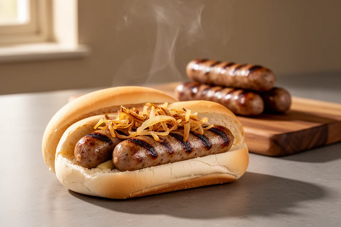 Frisch gegrillte Würstchen im Brötchen mit knusprigen Röstzwiebeln auf einer Küchenarbeitsplatte
