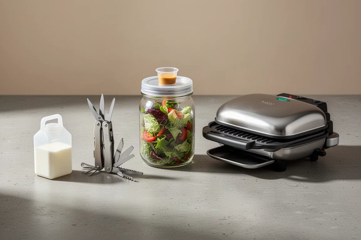 Four kitchen gadgets including a milk lock, multi-tool, salad container and electric sausage grill on a concrete surface