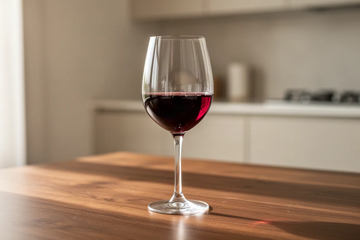 Glass of red wine on a wooden table in soft daylight