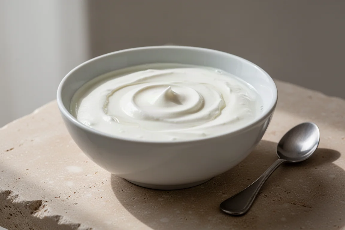 Thick homemade Greek yoghurt in a bowl with whey on top