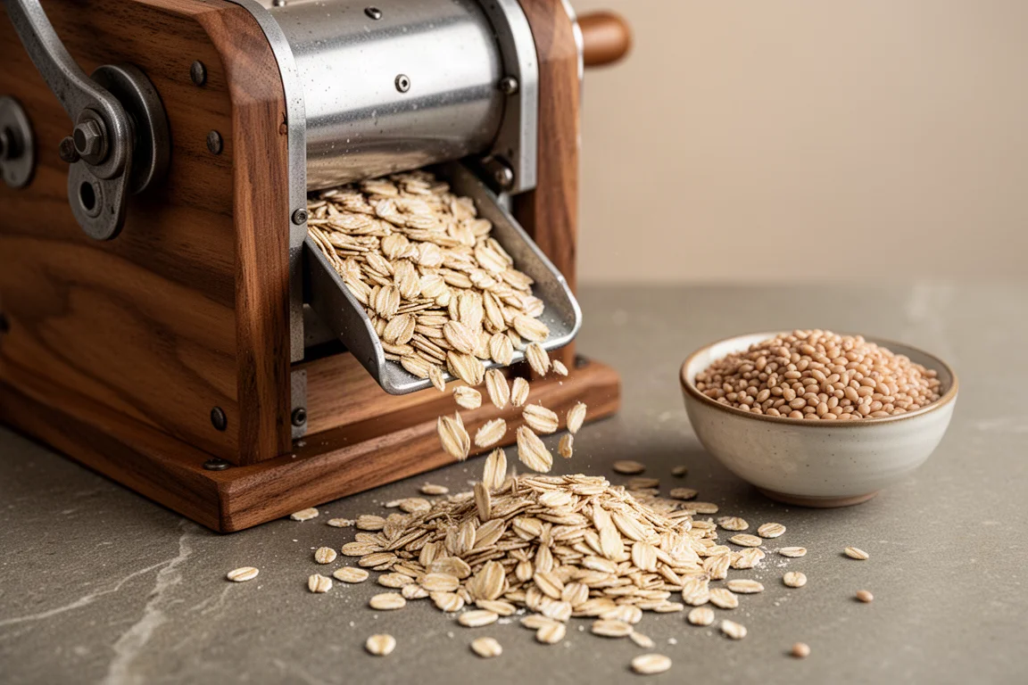 Freshly rolled grain flakes spilling from a manual flaker