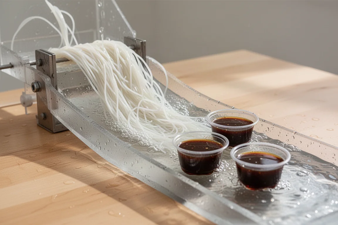 Noodles sliding down a chilled water slide into dipping cups