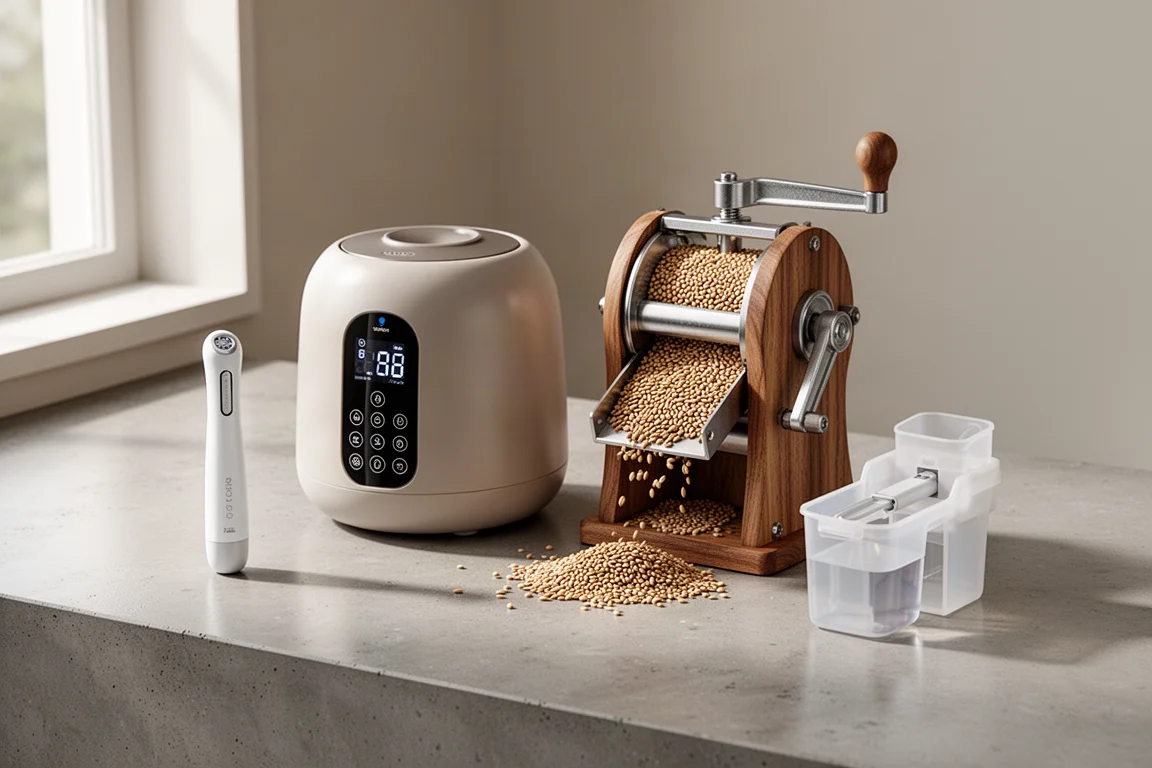 Four kitchen gadgets arranged on a concrete worktop
