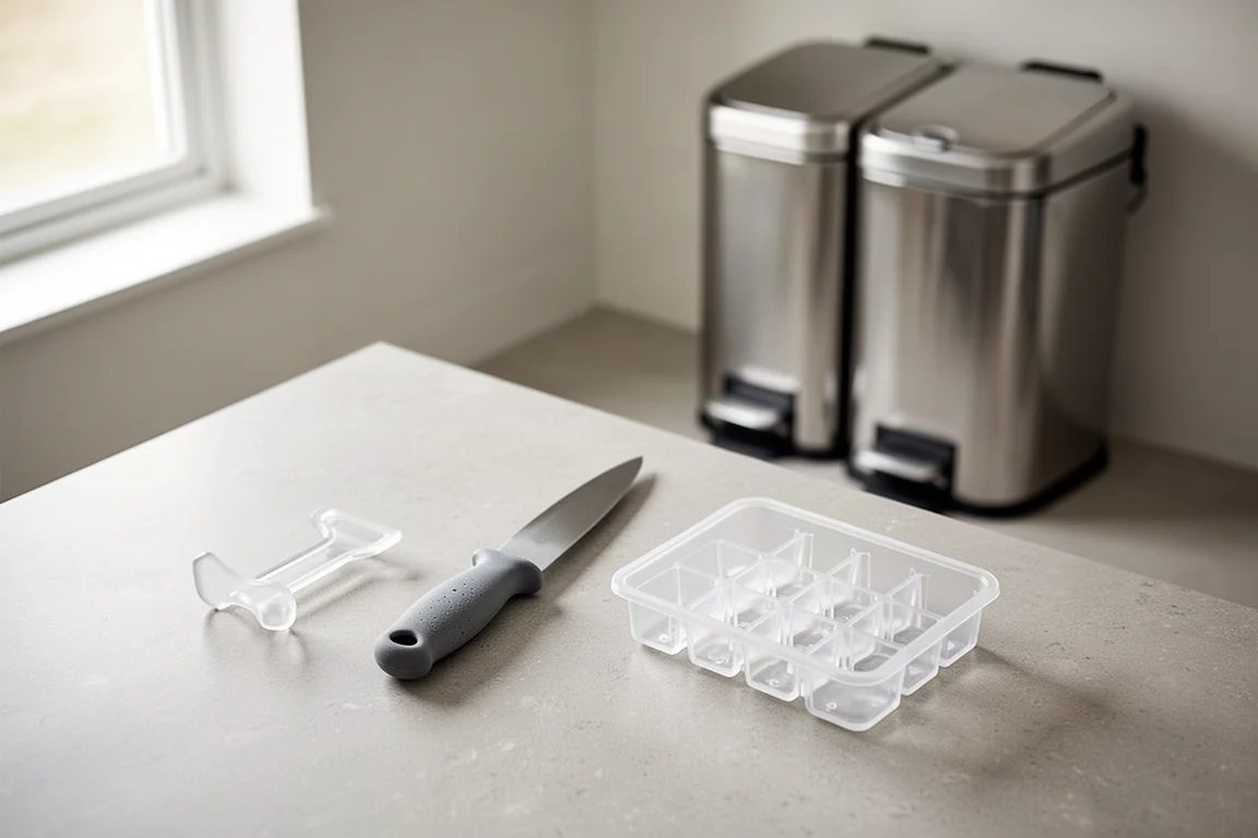 Four kitchen gadgets arranged on a light grey kitchen countertop